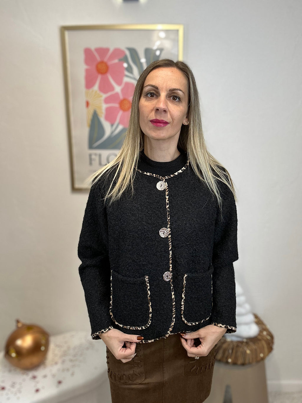 VESTE EN TWEED LEOPARD NOIR