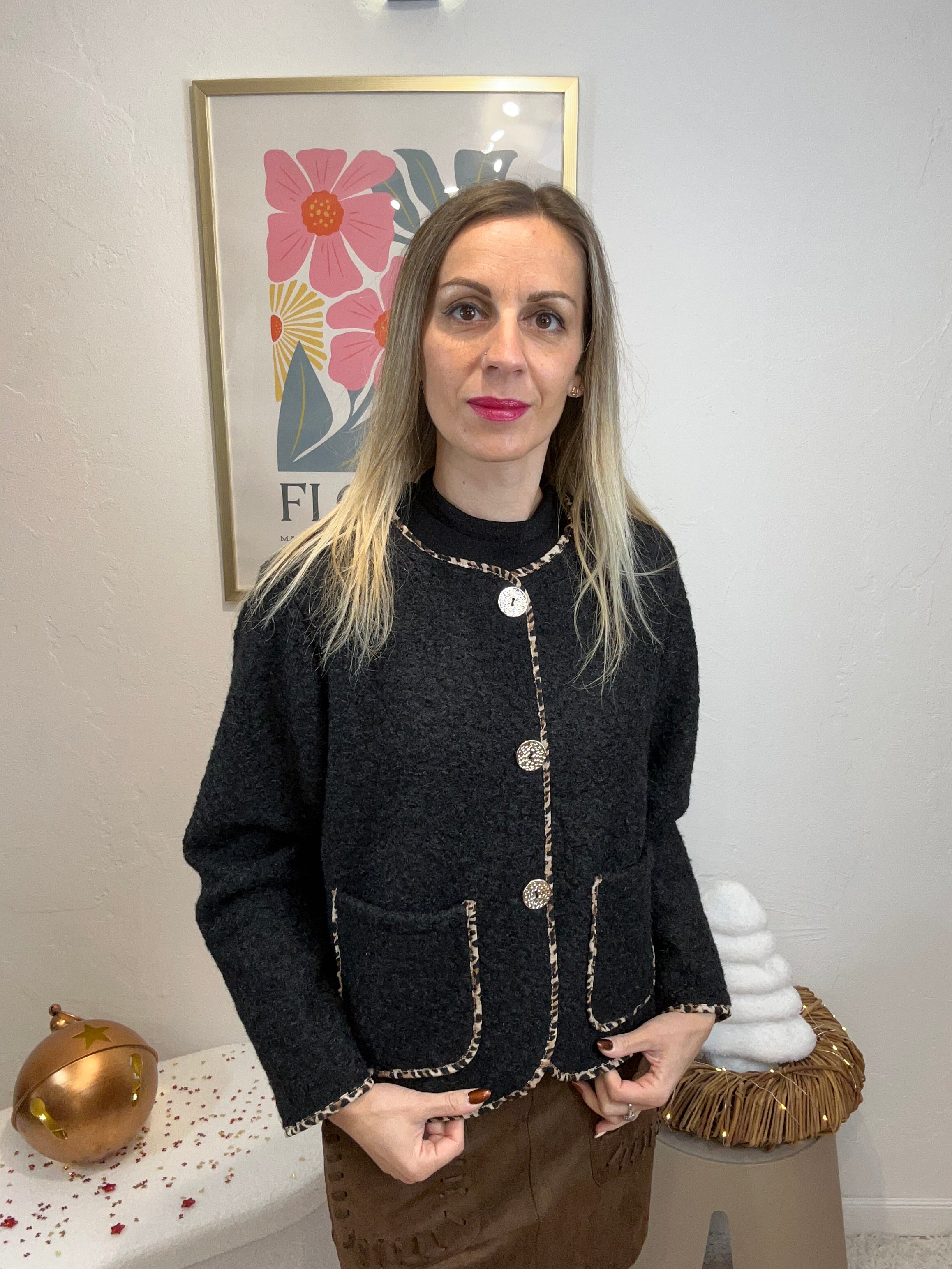 VESTE EN TWEED LEOPARD NOIR