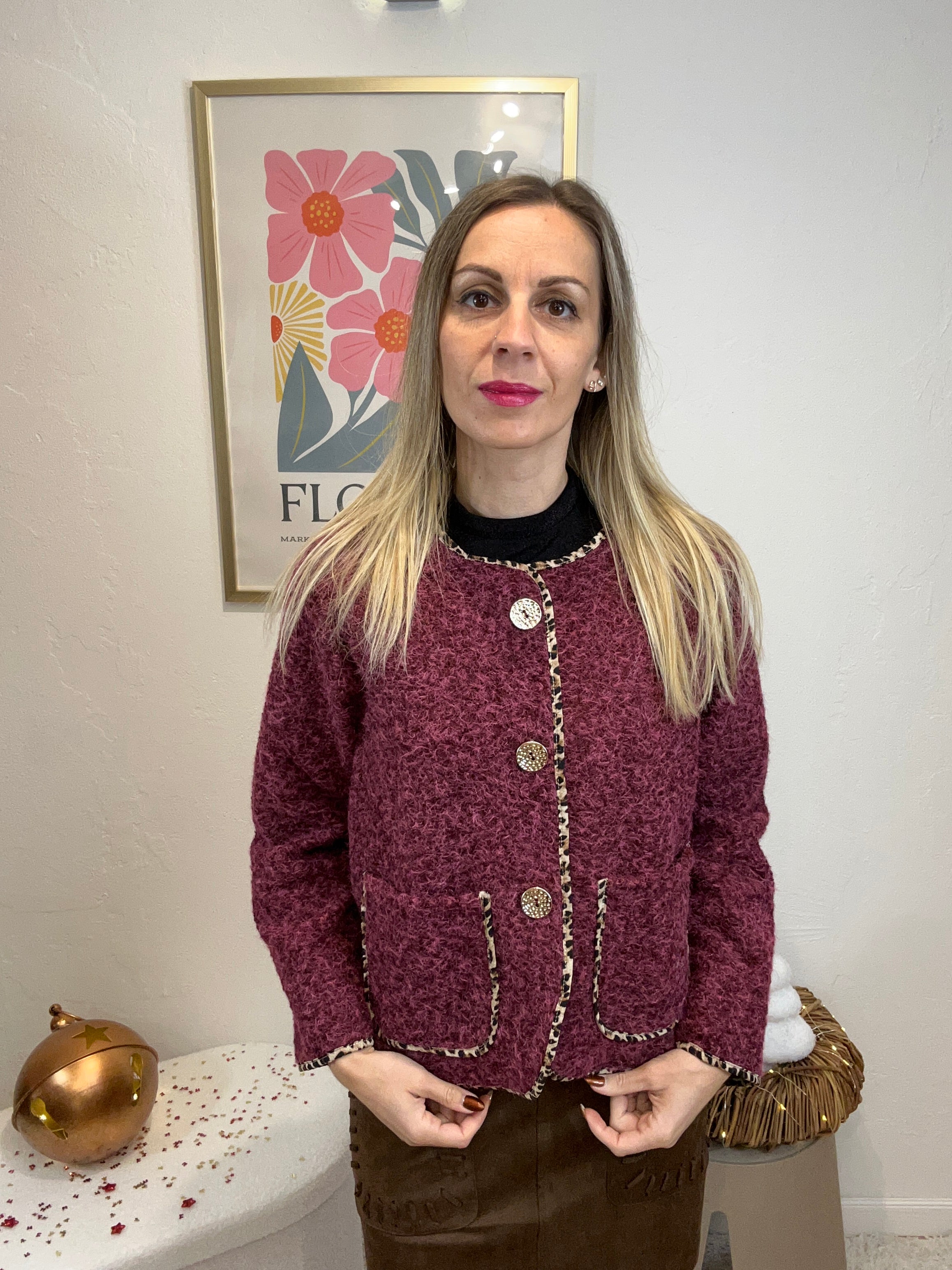 VESTE EN TWEED LEOPARD BORDEAUX