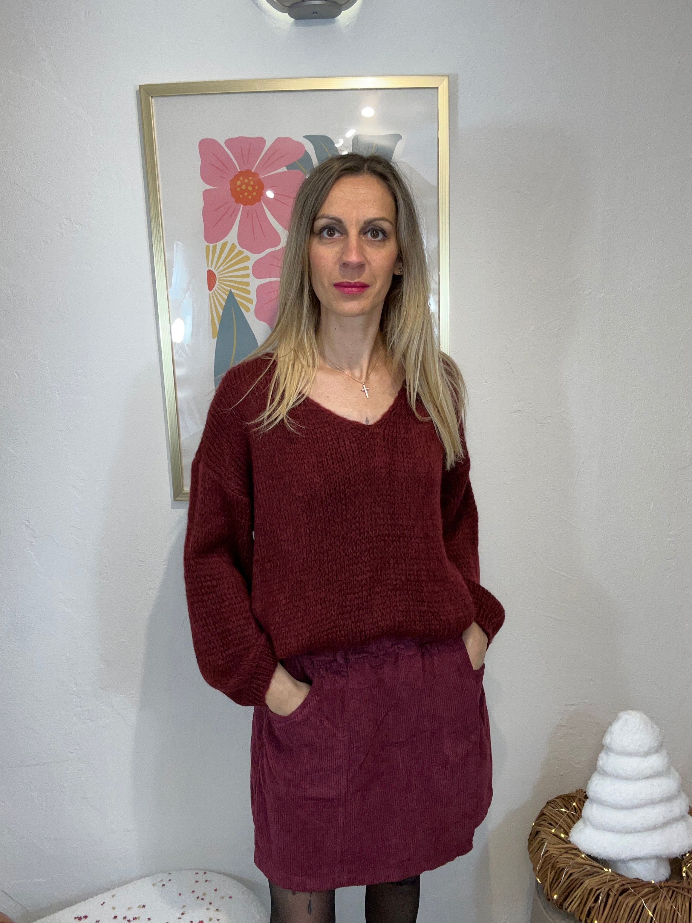 JUPE SHORT VELOURS BORDEAUX AMEL