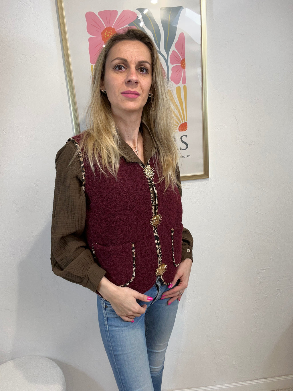 GILET BROCHES BORDEAUX DETAILS LEOPARD