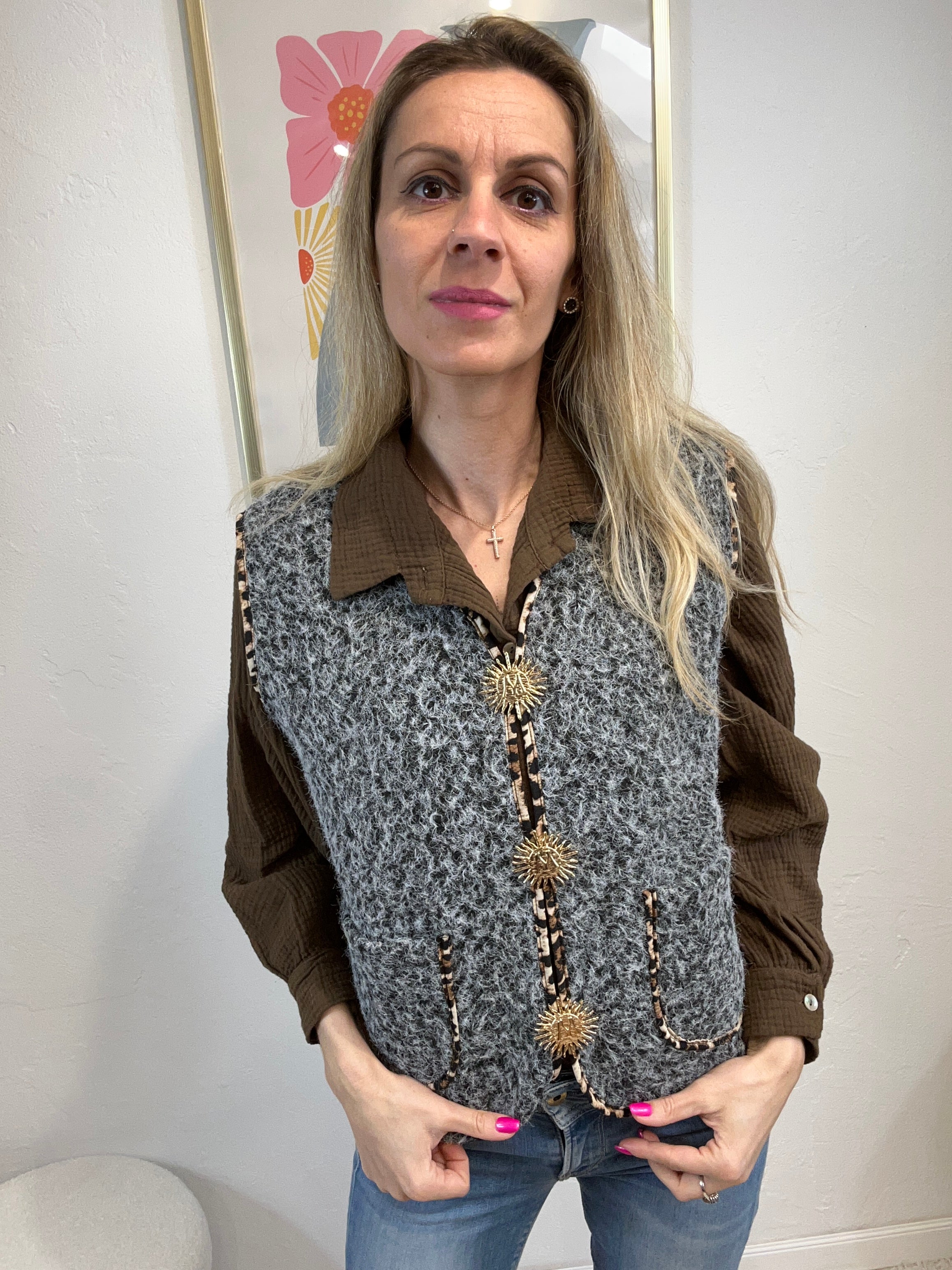 GILET BROCHES GRIS DETAILS LEOPARD