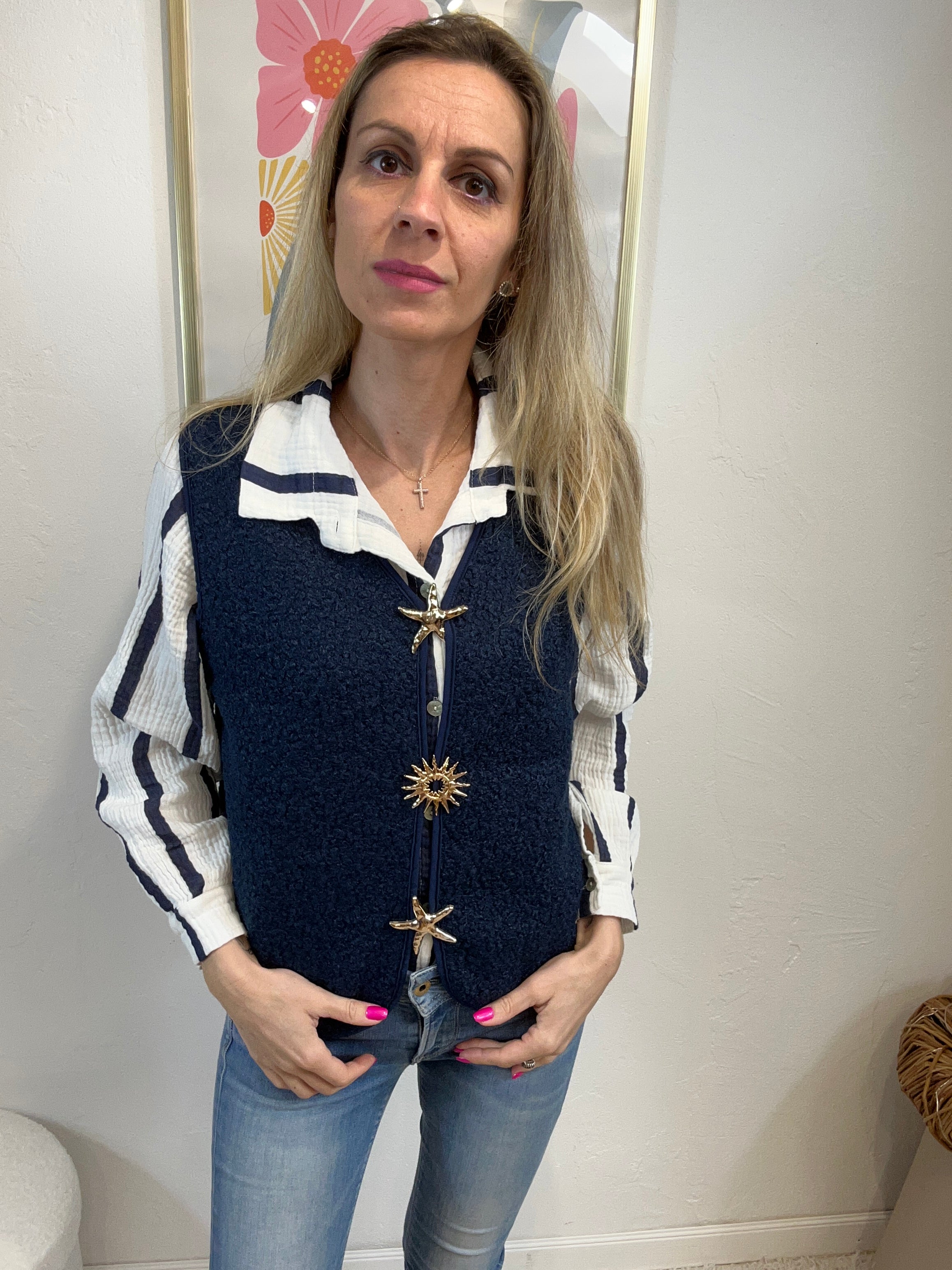 GILET BROCHES BLEU MARINE