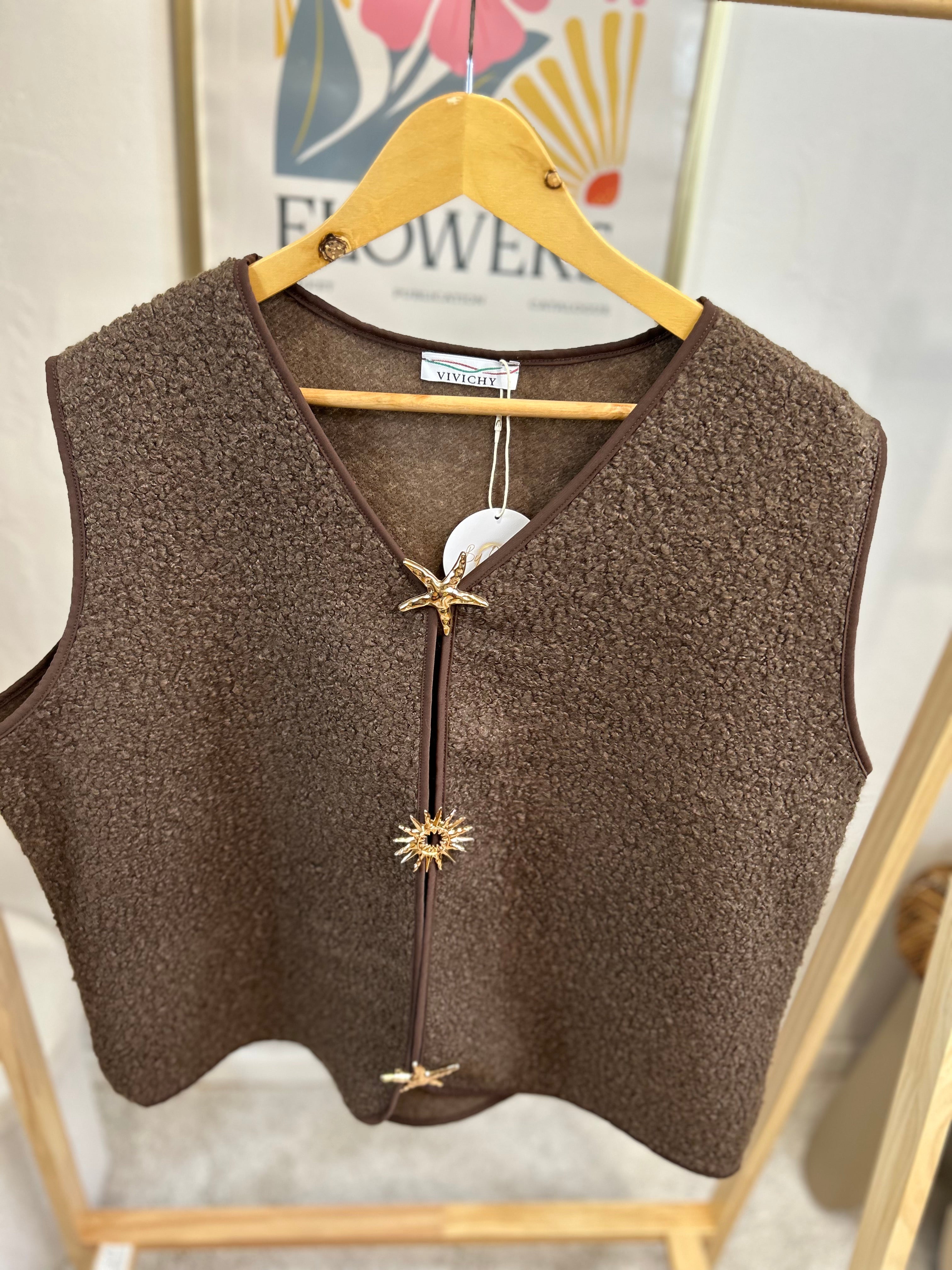 GILET BROCHES GRACIEUSES CHOCOLAT